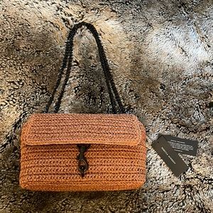 Rebecca Minkoff Edie Crochet Raffia Crossbody in Saddle/Black 🖤🖤🖤